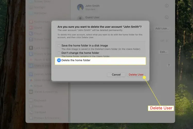 After you make your choice, click Delete User.