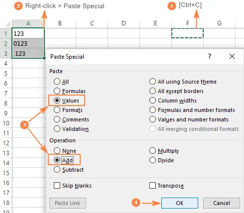 تغییر متن به عدد با Paste special در اکسل