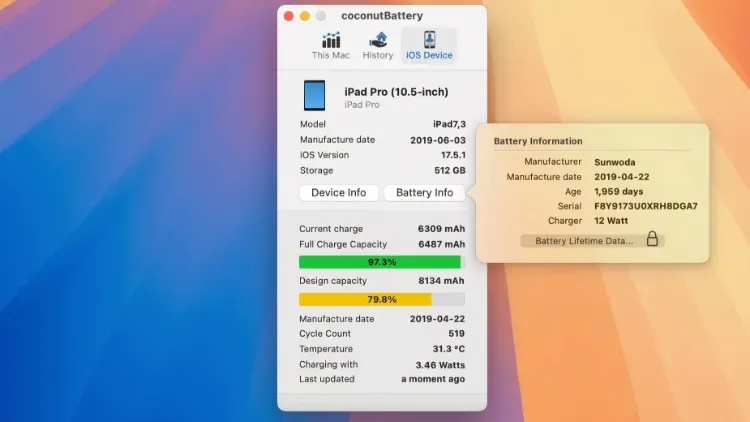 مشاهده میزان سلامت باتری آیپد با اپلیکیشن